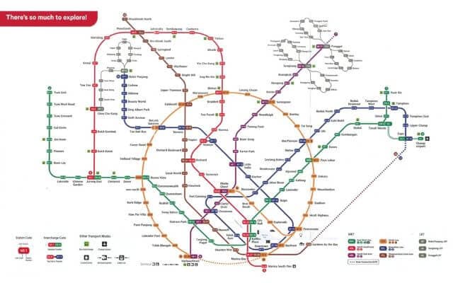 A colorful map of Singapore's Mass Rapid Transit (MRT) system featuring multiple lines in different colors interconnecting various stations. The map includes a legend with symbols indicating MRT lines, LRT lines, transit connections, and stations with accessibility facilities.