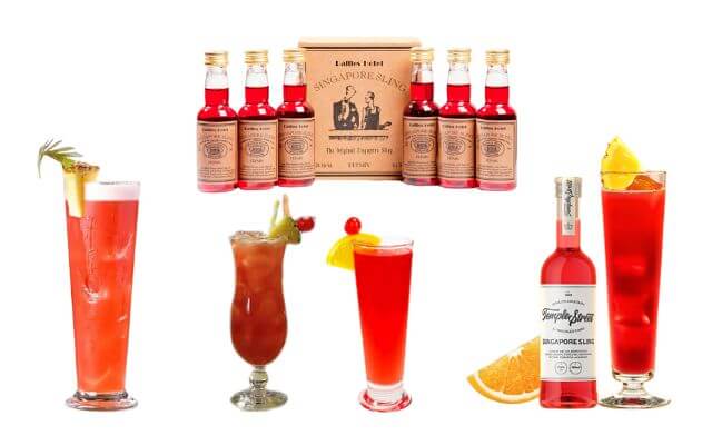 Collections of pre-mixed Singapore Sling cocktails, featuring six small bottles of cocktail mix labeled "Raffles Hotel Singapore Sling". There are four variations of the Singapore Sling drink in tall and short glasses, each garnished with fruits like pineapple, cherry, and orange slices.