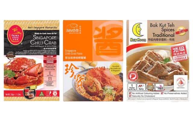 Three packaged Singaporean spice and paste products. From left to right, the first is "Prima Taste Singapore Chilli Crab Sauce Kit," with an image of a crab in a spicy chili sauce. The second is "Jumbo Seafood Singapore Chilli Crab paste," showing a crab dish in a rich sauce. The third is "New Moon Bak Kut Teh Spices Traditional," with a picture of pork ribs in a herbal broth.