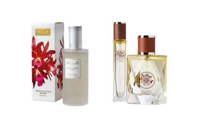 Two types of orchid-inspired perfumes. On the left is "Chocolate Drop Orchid," featuring a frosted glass bottle next to its packaging, which is adorned with bright red and pink orchid flowers. On the right are two perfume bottles from "The Orient" collection: a sleek, cylindrical bottle and a larger, square-shaped bottle.