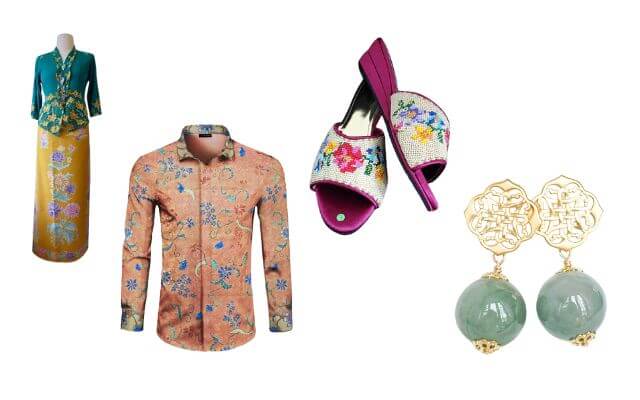 Features a collection of traditional Peranakan-inspired fashion and accessories. On the left is a vibrant Peranakan kebaya outfit, consisting of a teal and yellow floral blouse paired with a yellow skirt. Next is a pink long-sleeved batik shirt adorned with traditional floral motifs. In the center are a pair of colorful beaded Peranakan slippers with purple soles. On the right are gold earrings with intricate filigree designs and green jade beads.