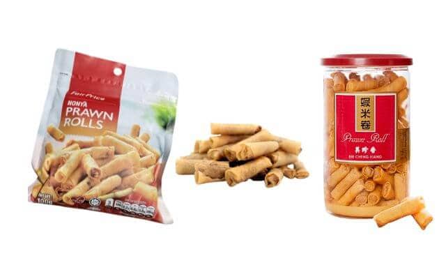 Different packages of Singaporean prawn rolls. On the left is a bag of "Nonya Prawn Rolls" from FairPrice, showing crispy, golden-brown prawn rolls on the packaging. In the center, a small pile of prawn rolls is displayed to highlight their crunchy texture. On the right is a jar of "Bee Cheng Hiang" prawn rolls, showing neatly stacked rolls inside the container.