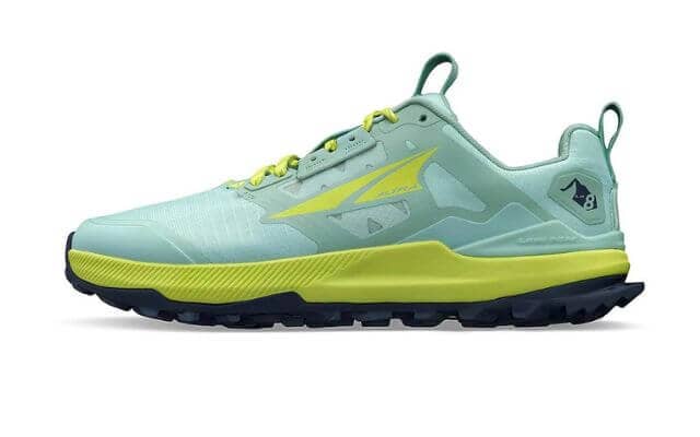 ALTRA Women’s Lone Peak 8 trail running shoe in mint green and yellow, featuring a zero-drop platform and a 25mm stack height for natural alignment and trail stability