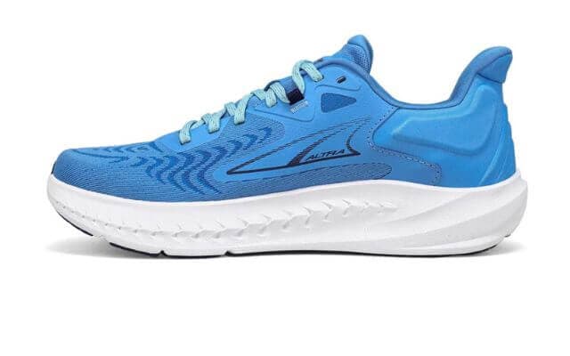 ALTRA Women’s Torin 7 running shoe in vibrant blue with a white sole, featuring a zero-drop design and a 30mm stack height for cushioned comfort and natural alignment. Side View.