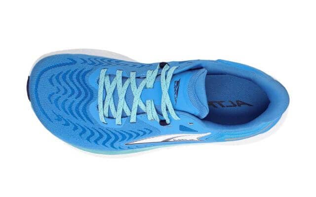 Top view of the ALTRA Women’s Torin 7 running shoe in blue, wide toe box, zero-drop design and 30mm stack height provide balanced cushioning
