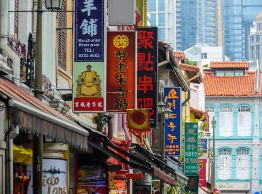A lively street in Singapore's Chinatown featuring colorful vertical shop signs in Chinese and English advertising restaurants, shops, and services.