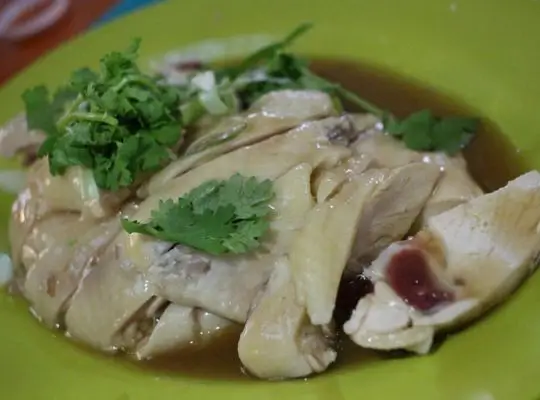 A plate of Hainanese chicken rice from Singapore, featuring tender slices of poached chicken drizzled with light soy-based sauce and garnished with fresh cilantro. Credits to Tripadvisor.