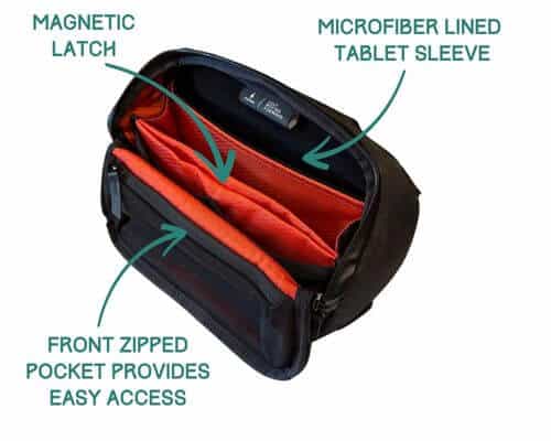 Open ALPAKA Vertex pouch showcasing features like a magnetic latch, a microfiber-lined tablet sleeve for protection, and a front zip pocket for easy access.