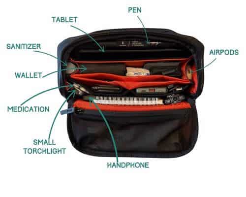 Open ALPAKA Vertex pouch with labeled compartments showing organized contents: a tablet and pen in the top, AirPods and wallet in the middle, and sanitizer, medication, torchlight, and phone below. Everything is neatly arranged for easy access.