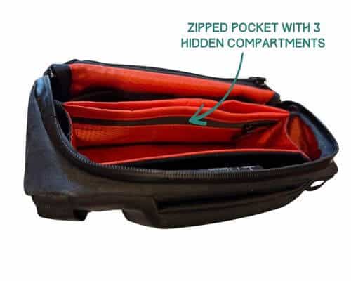Inside the ALPAKA Vertex pouch, you'll find a zipped pocket with three hidden compartments for discreet, organized storage of small items.
