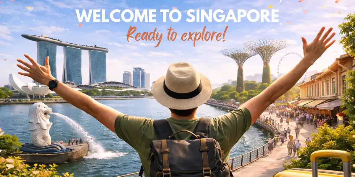 A freshly arrived tourist with arms raised, looking out over Singapore’s skyline during 24 Hours In Singapore, with the Merlion, Marina Bay Sands, and Gardens by the Bay.