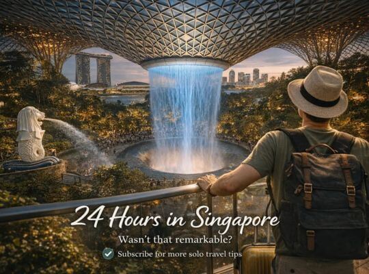 A traveller at Jewel Changi Airport watching the Rain Vortex, reflecting on 24 Hours In Singapore at the end of a one-day itinerary.