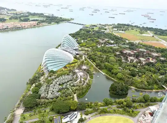 View from SkyPark Observation Deck, MBS Singapore, overlooking Gardens by the Bay with the Flower Dome, Cloud Forest, and surrounding waterfront greenery.